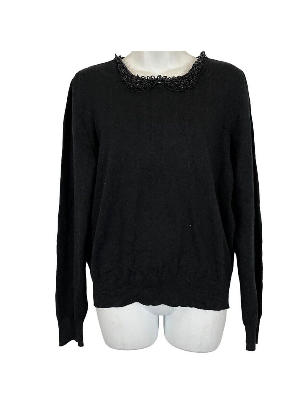 Draper James RSVP Womens Beaded Peter Pan Collar Black Puff Sleeve Sweater L